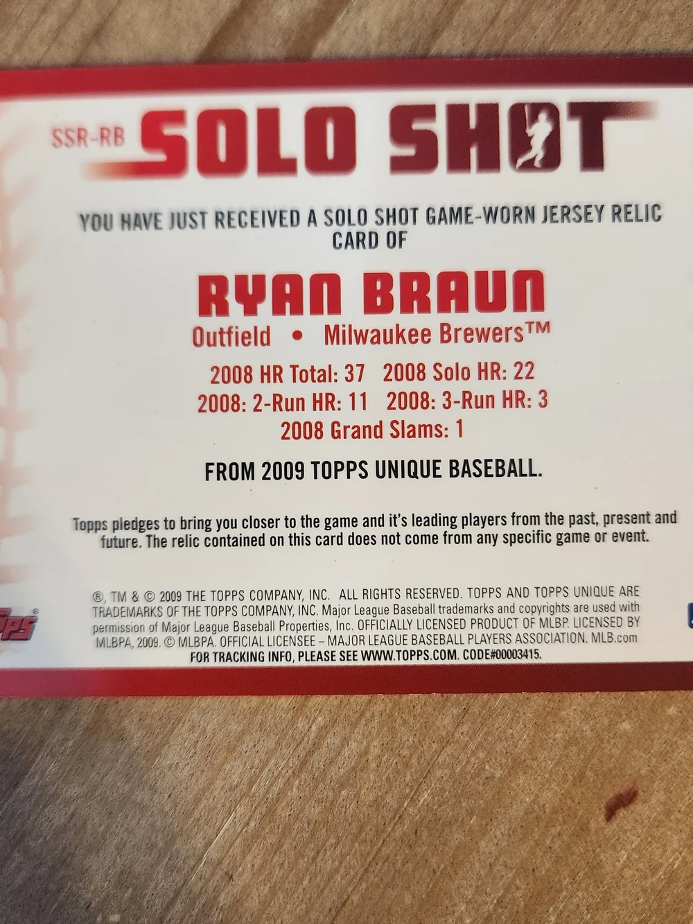 2009 Topps Unique #SSR-RB Ryan Braun Solo Shot Relics #/275 Jersey Card